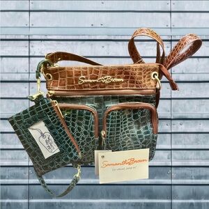 Samantha Brown Crocodile Embossed Brown and Green Crossbody Bag